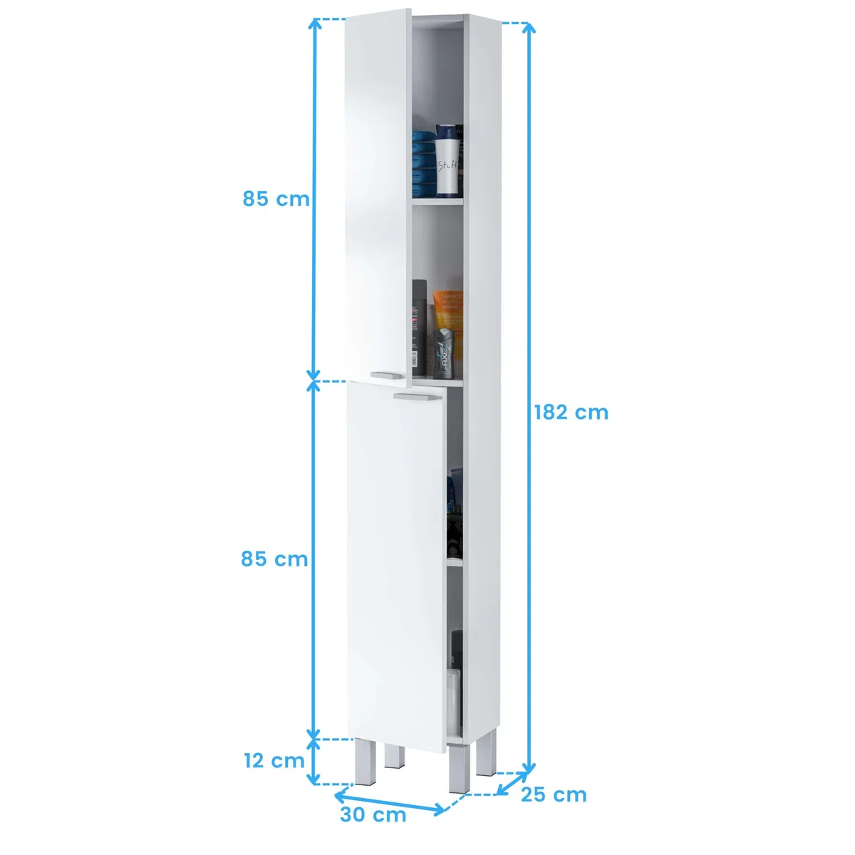 ARKITMOBEL– Columna de Baño Alta con 2 Puertas y 4 Patas, Mueble Auxiliar de Baño, Color Blanco Brillo, 30x182x25 cm – Modelo Koncept