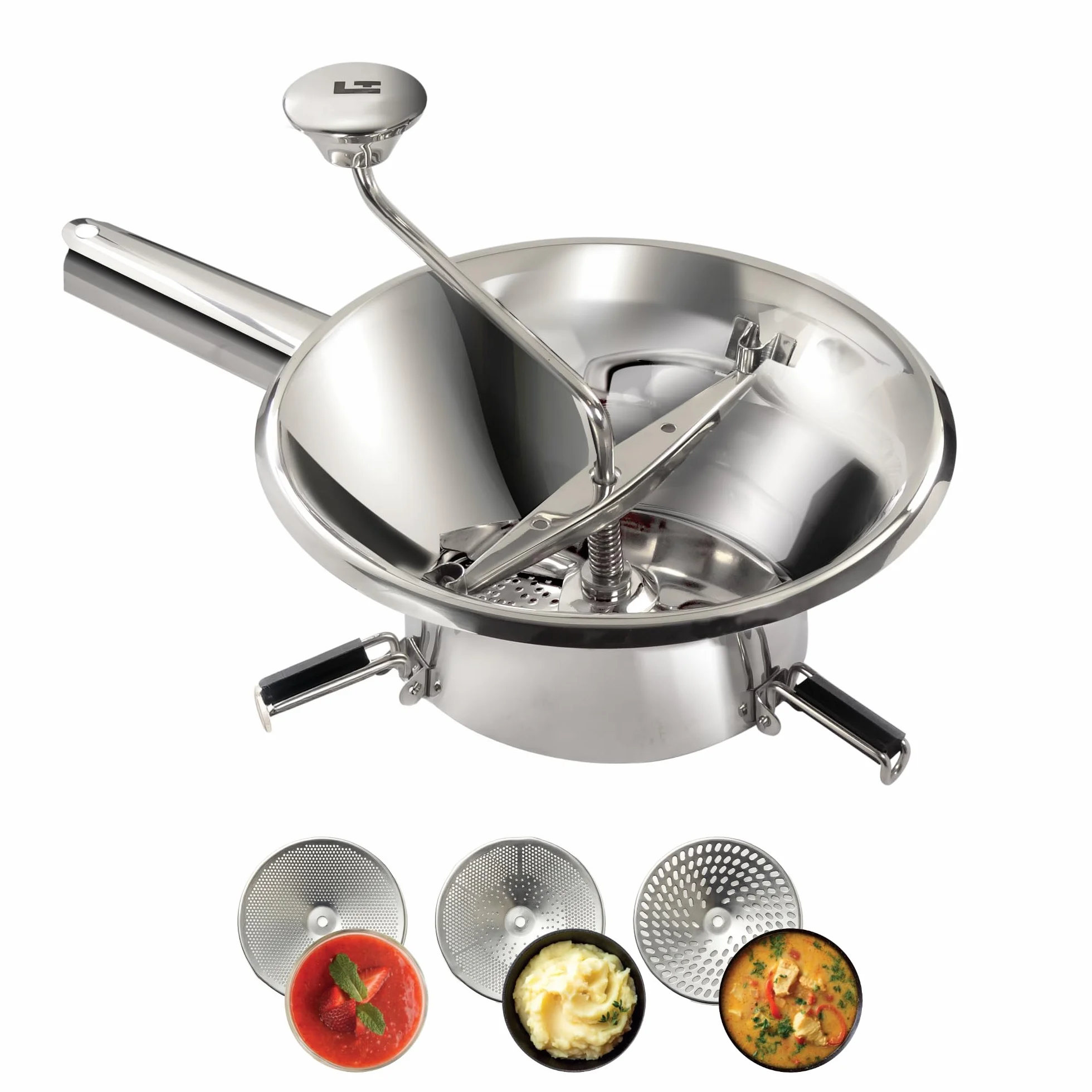 Louis Tellier – Pasapurés Manual de Acero Inoxidable – Molino de Verduras con 3 Rejillas Intercambiables – Para Purés, Sopas y Compotas – Uso Profesional y Doméstico - 24 cm
