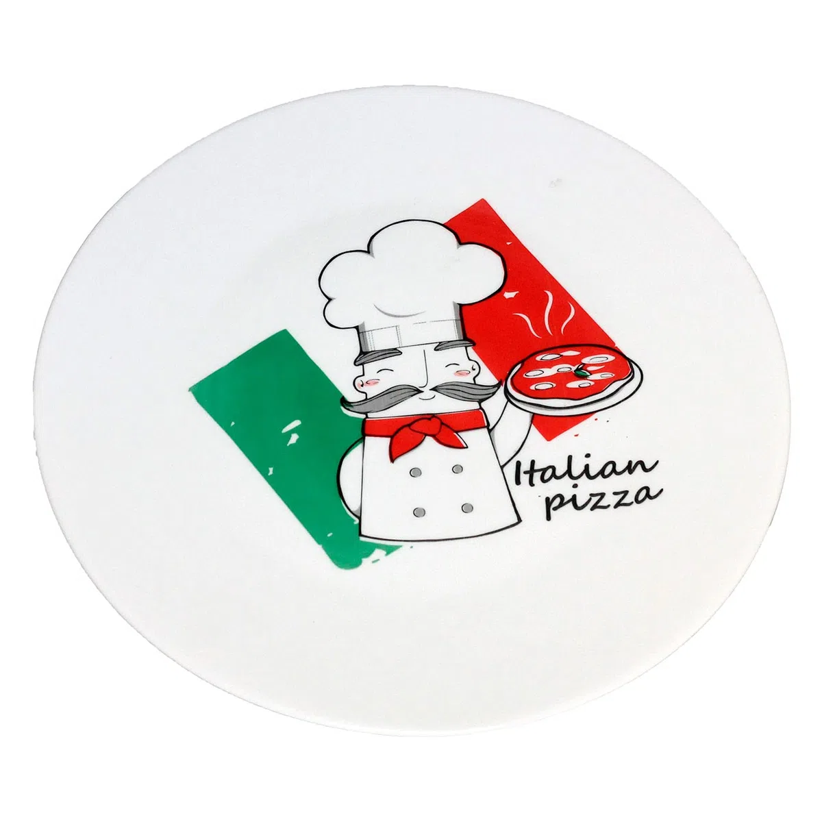 Tradineur - Plato bajo para pizza 33 cm, vidrio opal templado extra resistente, bandeja servir pizzas blanca con diseño de chef