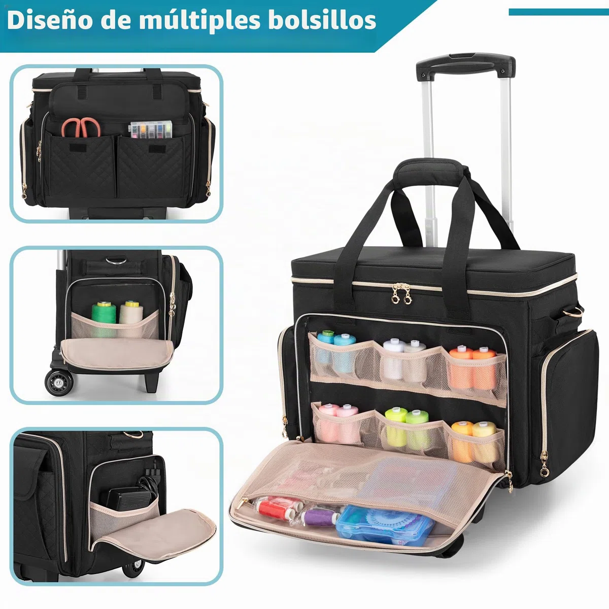 Luxja Bolsa para Máquinas de Coser con Múltiples Bolsillos, Estuche de Máquina de Coser con Ruedas y Correa de Hombro Desmontable (Compatible con Mayoría de Máquinas de Coser Estándar), Negro