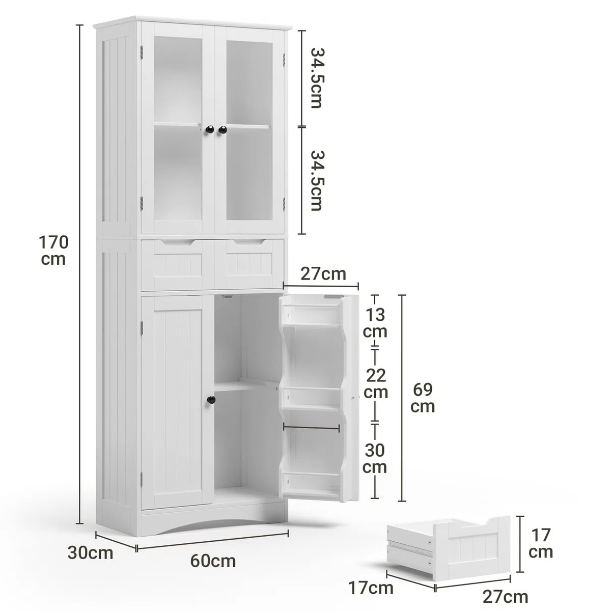 Xbro Armario Alto de Cocina, 170 x 30 x 60cm, Mueble Cocina Alto 4 Puertas y 2 Cajones, Armario de Vitrina con Estantes Laterales, Salón y Comedor (Blanco)