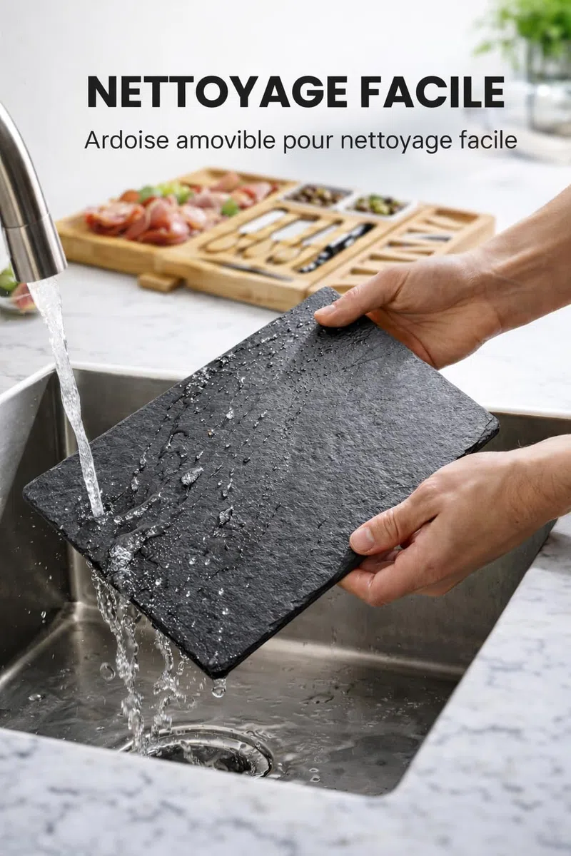 Kkalyan - Tabla de Aperitivos Extensible de Bambú | Set Quesos con Pizarra, 4 Cuchillos, Sacacorchos, 2 Cuencos y ebook Gratis | 41,5 cm → 68 cm | Regalo Gourmet