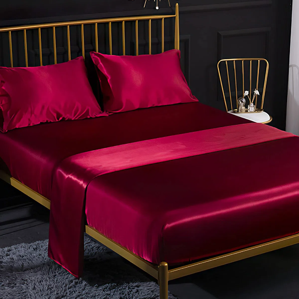 Jemiipee Juego de Sabanas de Cama Raso Color Sólido, 1 x Sábana Bajera Ajustable 180x200 cm con 35 Bolsillo Profundo, 1 x Encimera y 2 x Fundas de Almohada, Rojo Burdeos