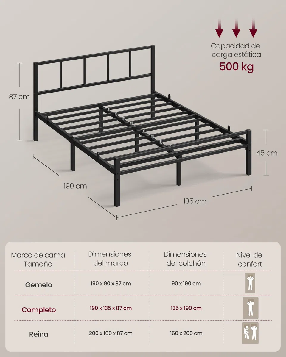 VASAGLE Cama de Matrimonio, 135 x 190 cm, Cabecero, Marco de Metal, Carga de 500 kg, Montaje Fácil, para Dormitorio, Negro Tinta RMB296B101