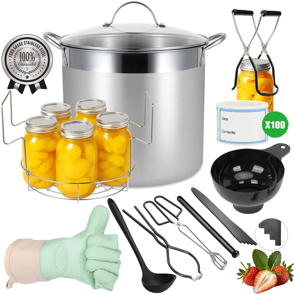 Olla de Conservas de Acero Inoxidable con Rejilla y Tapa, Gran Olla de Baño María, Kit Completo de Conservación para el Hogar (Negro, 19L)