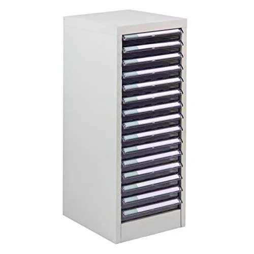Cajonera de chapa de acero con 15 cajones de PVC, tamaño: 28 x 35 x 74,5 cm, para DIN A4, color gris claro RAL7035