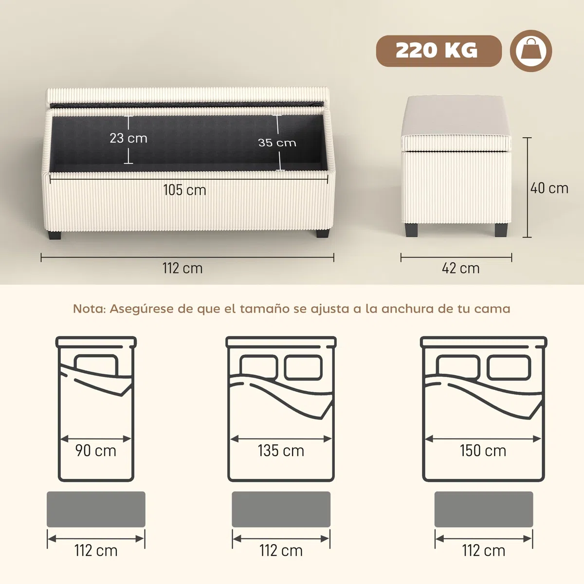 HOMCOM Puff Almacenaje, Banco Almacenaje, Capacidad de 84 L, 112x42x40 cm, Taburete Reposapiés, Tapizado en Pana, Pie de Cama, Carga 220 kg, para Sala de Estar, Dormitorio, Entrada, Beige