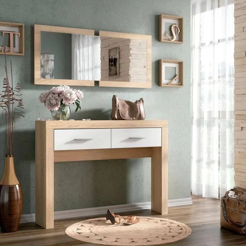 SHIITO | Recibidor con Dos cajones y Espejo Incluido | Mueble de Entrada | Color Cambrian y Blanco - 115 x 26 x 85 cm | Modelo Ambar