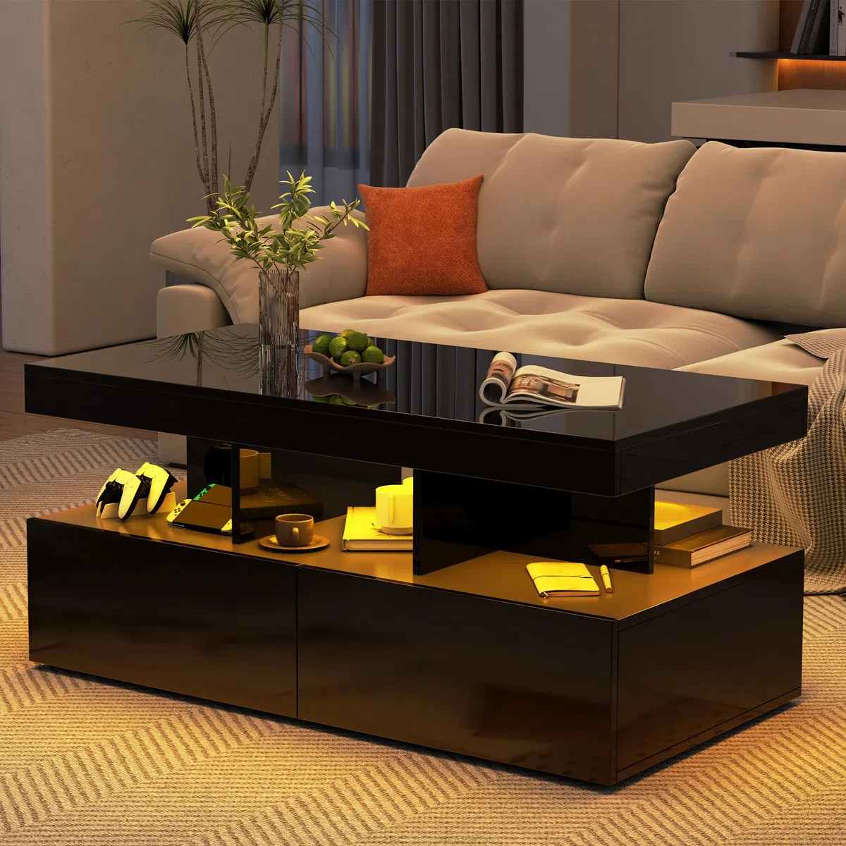 BRILVERDE mesa de centro de alto brillo, salón con LED de 16 colores y 2 cajones, sofá moderno con almacenamiento, auxiliar con 5 estantes (negro, 104 x 53 x 46 cm)
