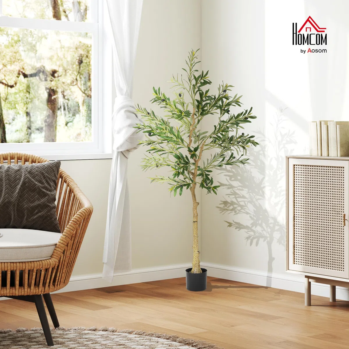 HOMCOM Olivo Artificial 150 cm Planta Artificial Decorativa Grande Árbol Artificial de Interior con 32 Aceitunas Decoración para Hogar Oficina Balcón Dormitorio Verde