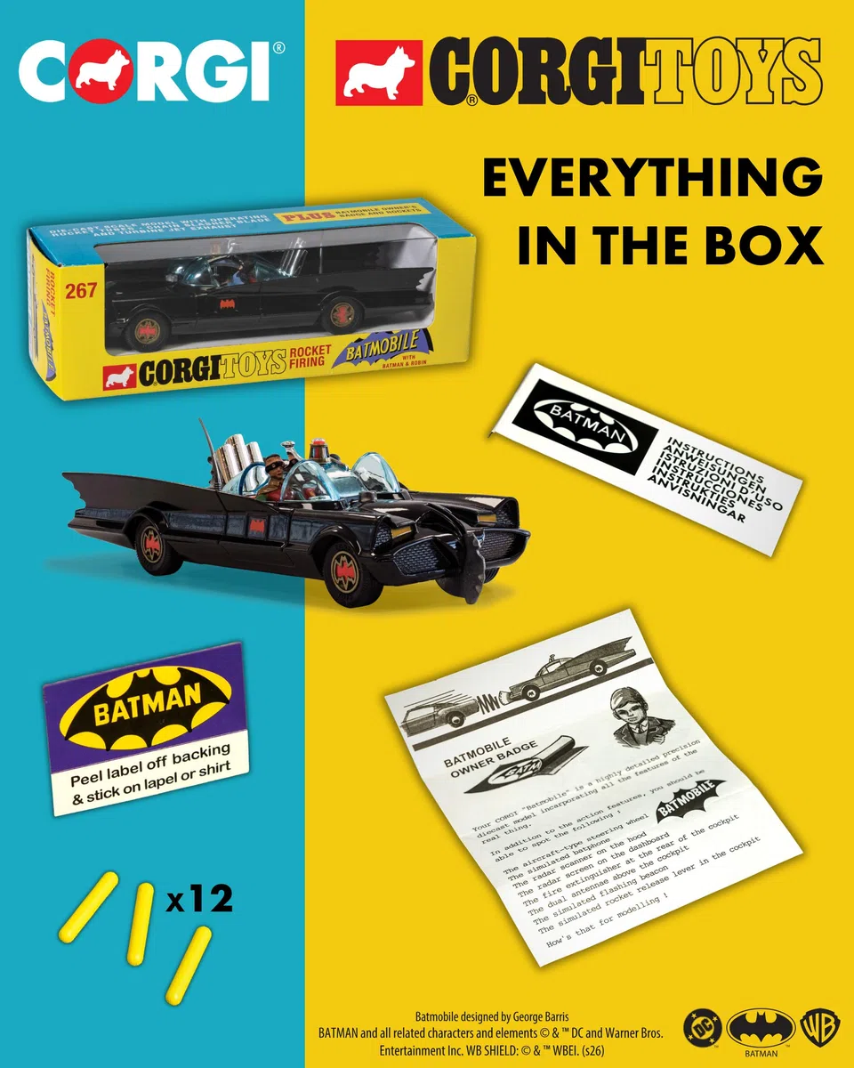 Corgi Diecast Model Cars - RT26701 Batimóvil con Batman y Robin - Pequeños Modelos de Coches de Juguete fundidos a presión para niños, Regalo para entusiastas del Motor