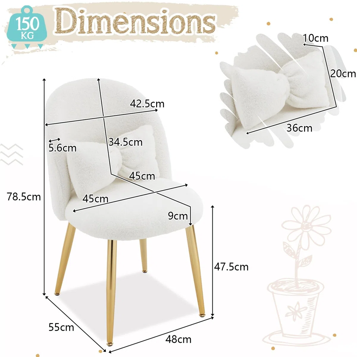 Bonnlo Silla de Maquillaje, Silla Tocador, Sillas de Comedor, Patas Doradas Ajustables y cojín con Lazo para Dormitorio, Sillón Salón para Tocador u Oficina en Casa (Tejido Teddy, Blanco)
