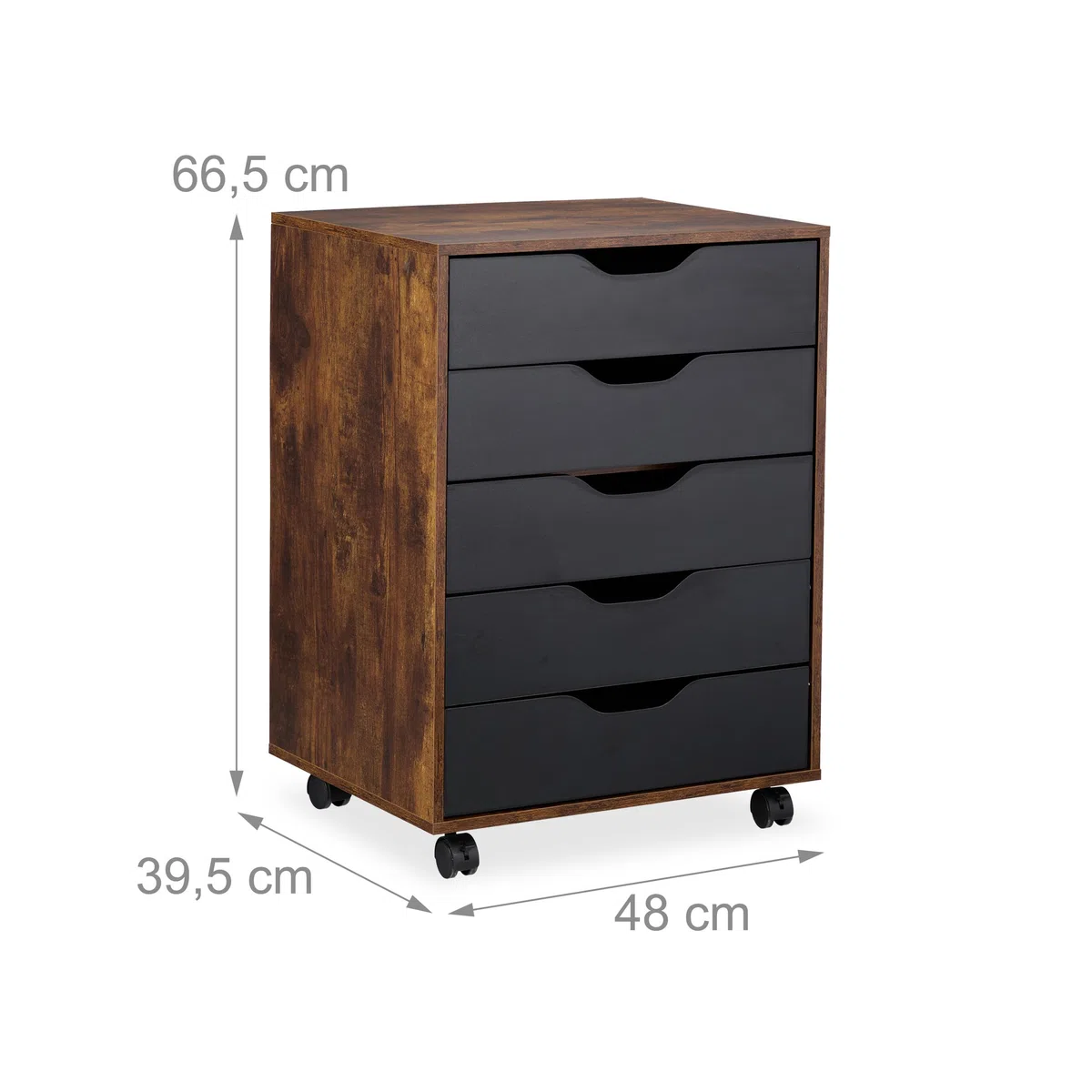 Relaxdays Mesa Impresora, 5 Cajones, 66,5x48x39,5 cm, Cajonera Oficina con Ruedas, Mueble Despacho, Negro/Marrón