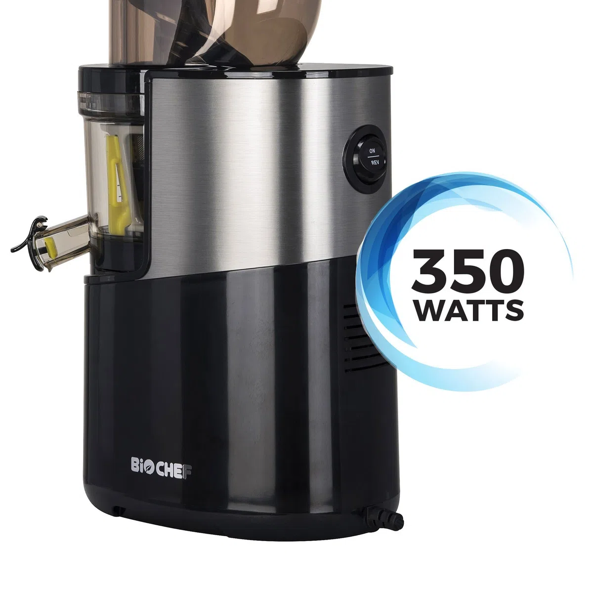 Extractor de jugo BioChef Atlas Whole Slow Juicer PRO – Potente motor 350 W y 40 rpm | Gran apertura 8 cm x 8 cm | Versátil: jugo, sorbets, mantequillas de nuez (plateada)