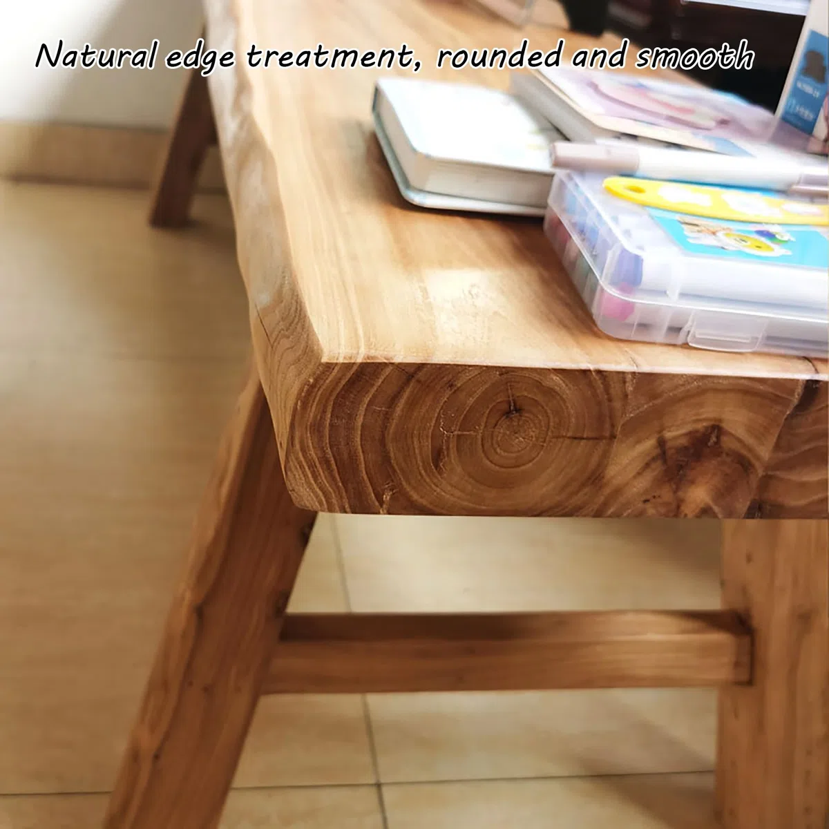 Banco de comedor de madera maciza de estilo rústico for interiores, banco estrecho con borde natural, banco for el extremo de la cama del dormitorio, banco de entrada de cocina de madera asiática(140x