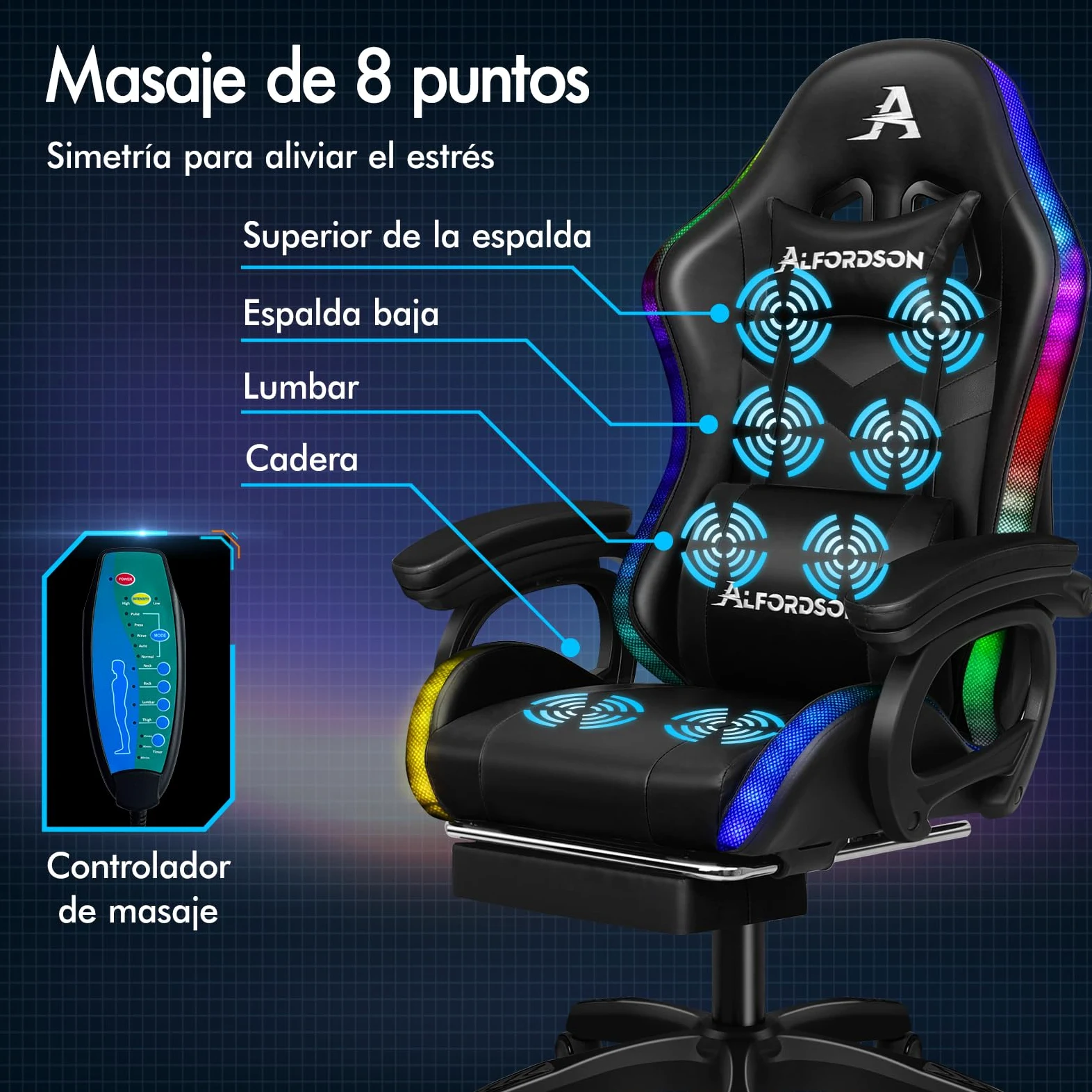 ALFORDSON Silla Gaming con Masaje y LED, Silla Gamer Ergonómica con Cojín Lumbar y Cervical, Reposapiés Telescópico, Iluminación para Juegos, Oficina, Ordenador, Videojuego, Cuero PU(Negra)
