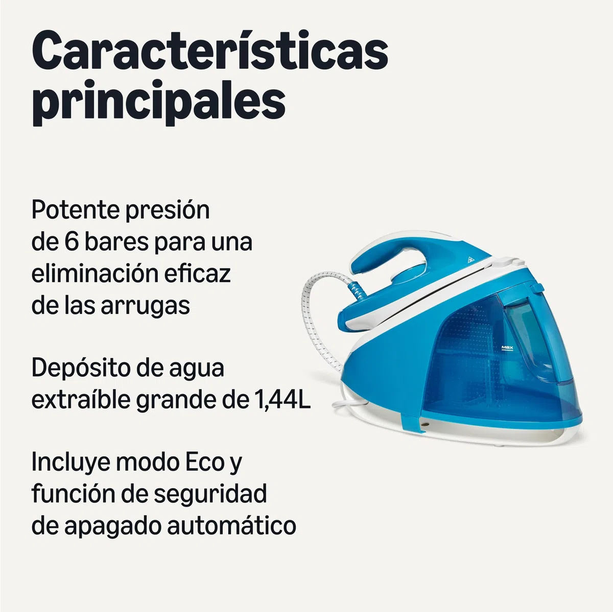 Amazon Basics Plancha con Generador de Vapor con Bomba de 6 Bares, Impulso de Vapor de 240g/min, Salida de Vapor de 120g/min, Depósito de 1,8 litros, 2400W, Blanca/Azul
