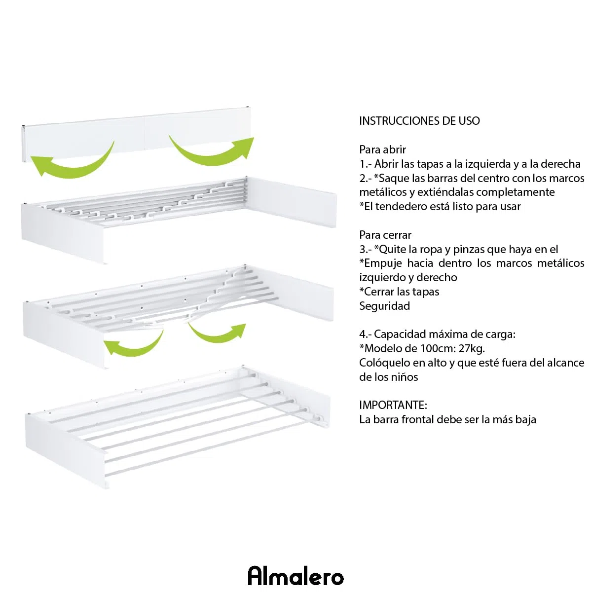 Tendedero Plegable de Pared - ANTIOXIDANTES- Tendedero - Tentedero Pared - Exterior e Interior - Tendederos Plegables - Calidad - 6 Barras - Carga Total 27 Kg - Blanco 100 Cm