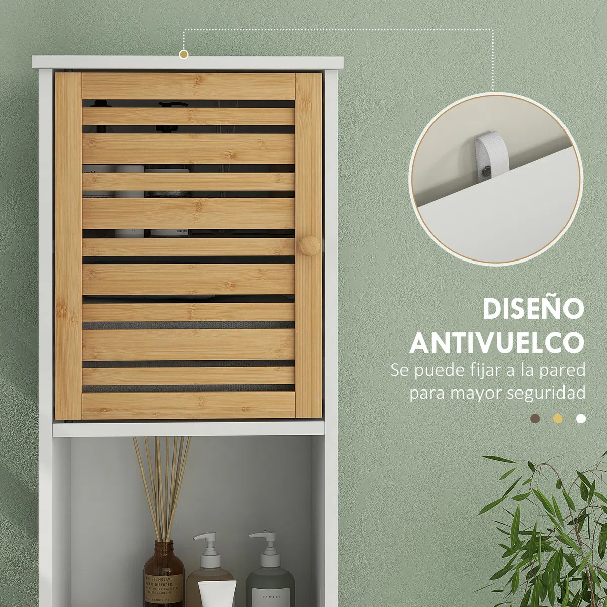 HOMCOM Columna de Baño Moderna Armario Alto de Baño con Estantes Ajustable y Puerta de Bambú Anti-vuelco 35x30x170 cm Blanco y Natural