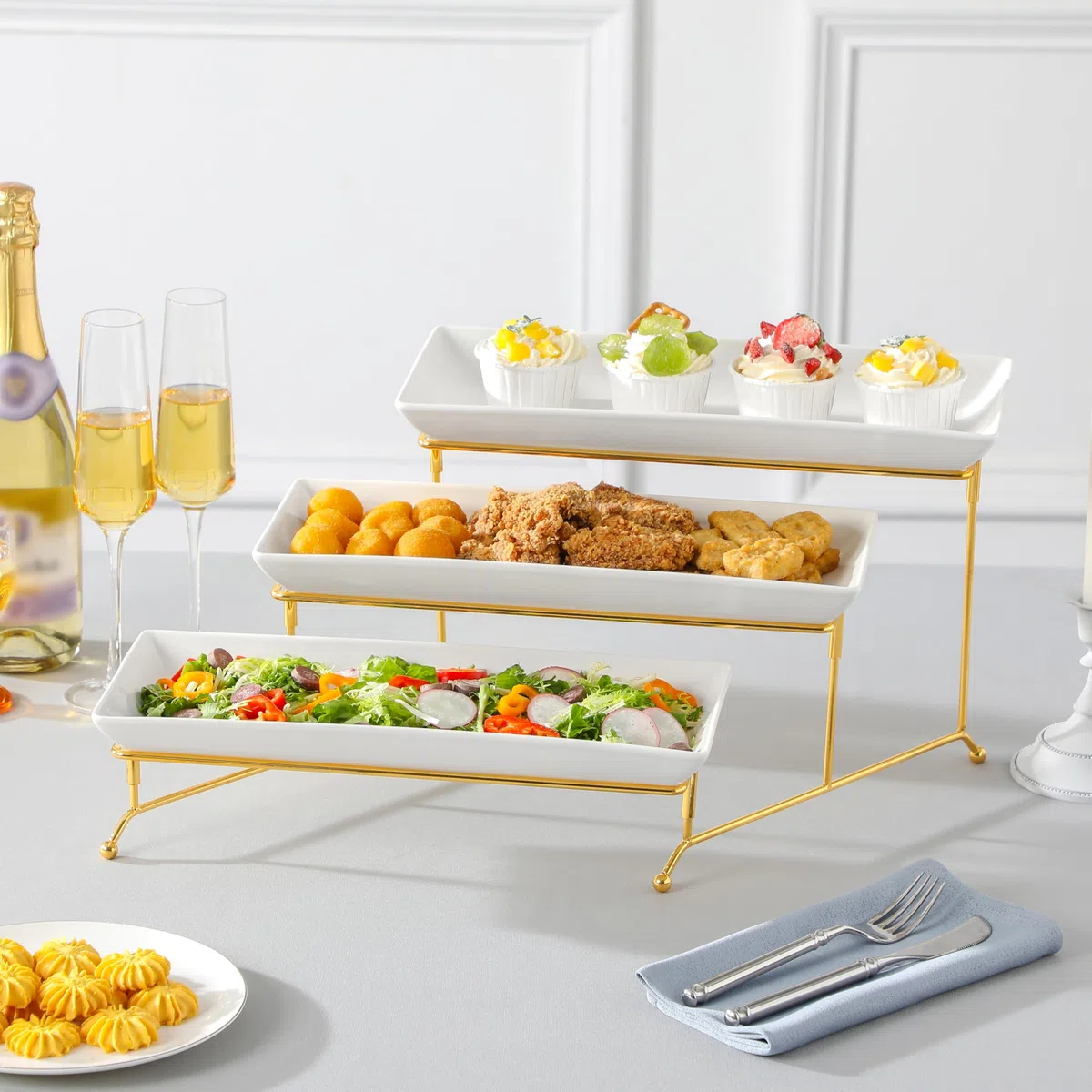 Bandejas 3 Pisos para Servir Comida, MALACASA Bandeja de Porcelana 36 x 15,3 cm, Bandeja para Fiestas con Soporte Plegable, Presentación de Alimentos, Fruta, Postres y Cupcakes, Blanco Dorado