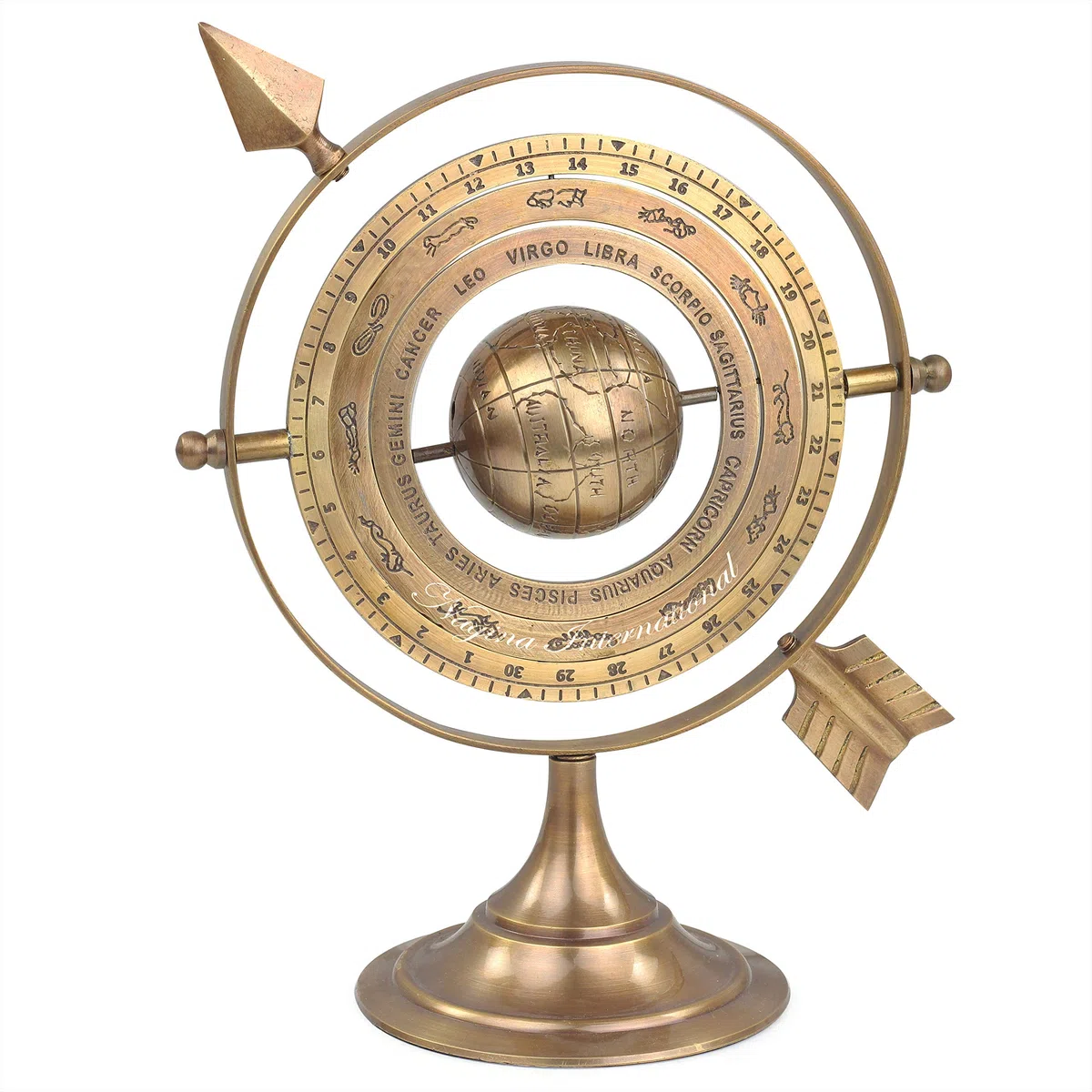 Esfera armilar de latón antiguo de 8 pulgadas con flecha de reloj de sol | Astrolabio marítimo náutico grabado | Ideas de decoración del hogar