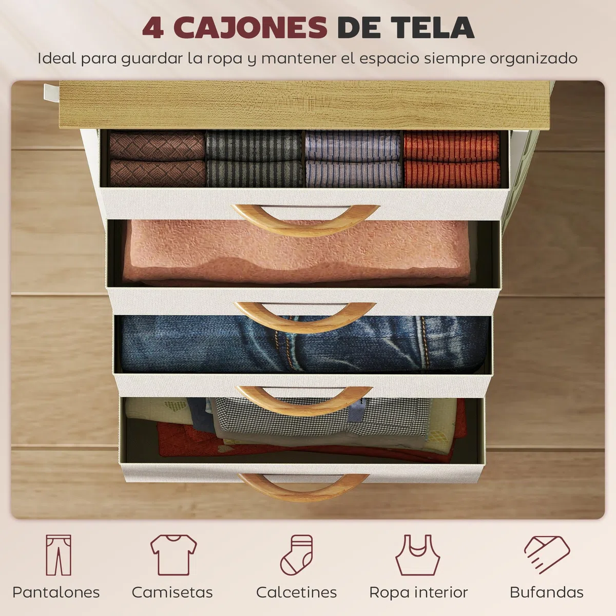 HOMCOM Cajonera de Tela Alta Cómoda con 4 Cajones 4 Bolsillos Laterales 2 Ganchos y Estructura de Acero Cómoda para Dormitorio Sala de Estar Pasillo Beige
