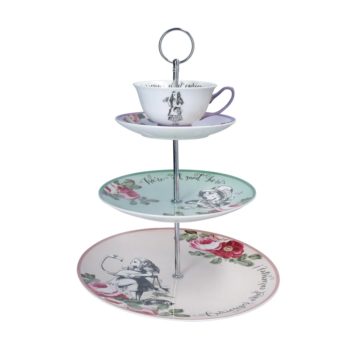 Mikasa and the V&A - Soporte para tartas de 3 niveles, soporte para té de la tarde con taza de té, té de Alicia en el país de las maravillas, porcelana de hueso, apto para lavavajillas y en caja de