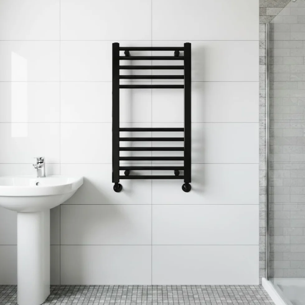 Toallero calefactor recto negro W400 mm x H600 mm, para calefacción central, para baño, radiador