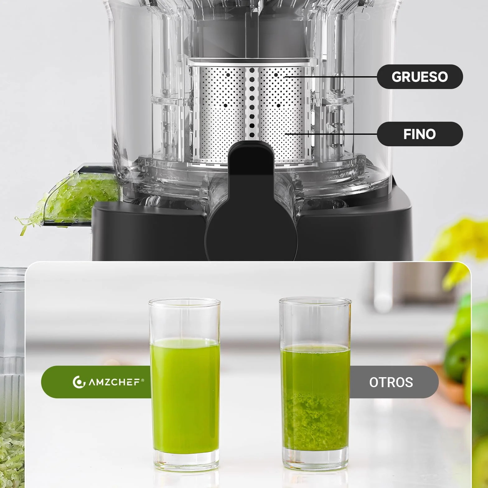 AMZCHEF Sin Preparación 120MM Slow Juicer - Limpieza Rápida Licuadora Prensado en Frio - Extractor 2L capacidad para verduras y frutas enteras [Clase de eficiencia energética A+++]