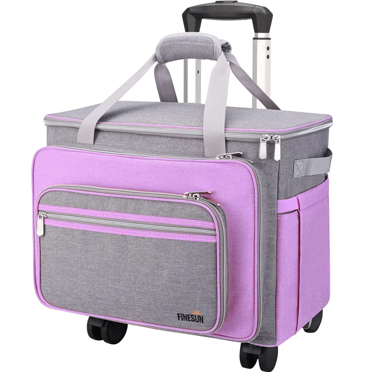 Estuche plegable de lujo para máquina de coser, gris y morado, funda de transporte para Brother, Singer, Bernina y la mayoría de máquina(con ruedas)