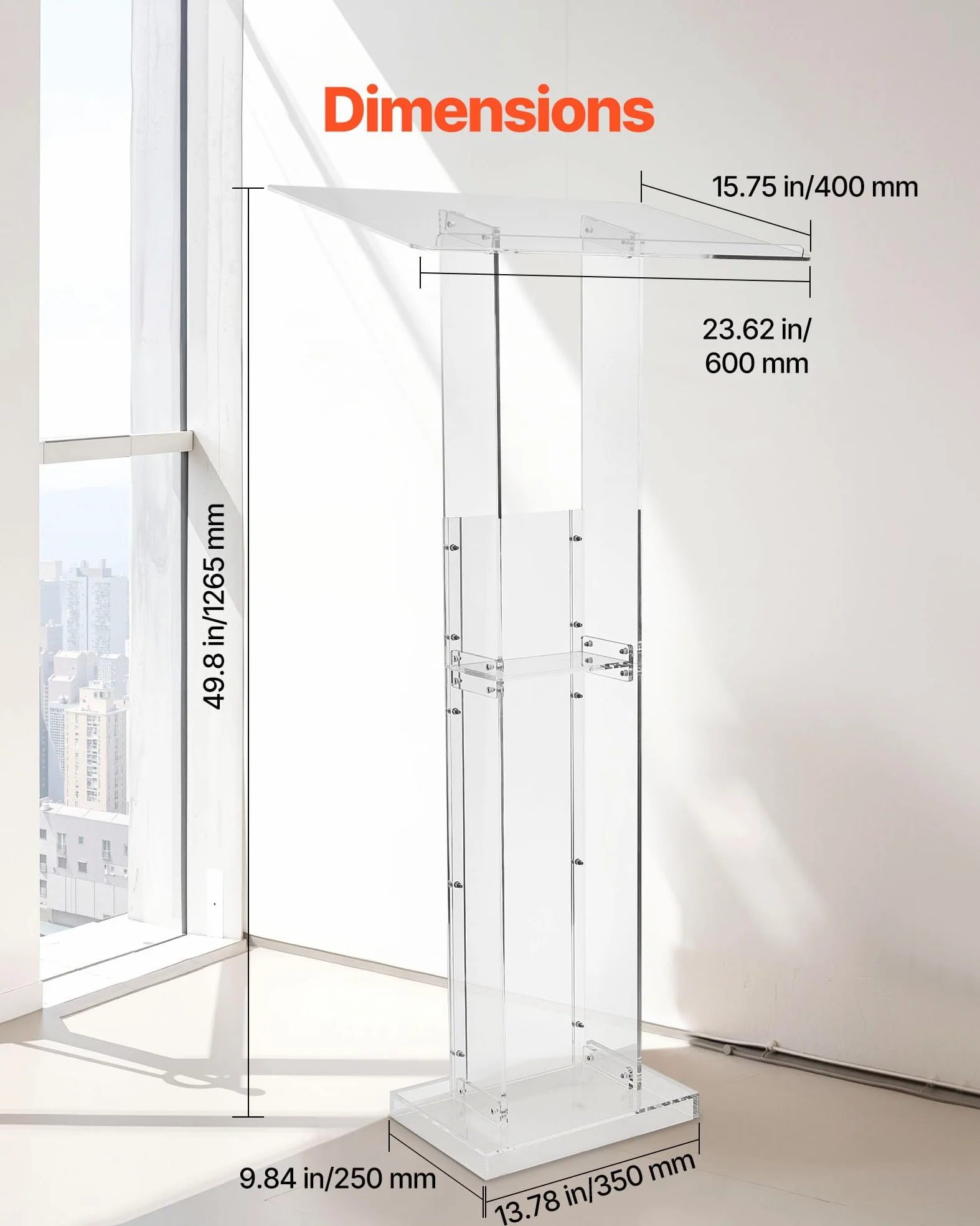 VEVOR Soporte de Podio de Acrílico Altura de 126,5 cm Atril de Pie Portátil con Superficie de Lectura 60 x 40 cm, Estante de Almacenamiento para Aulas, Bodas, Conferencias, Discursos, Conciertos