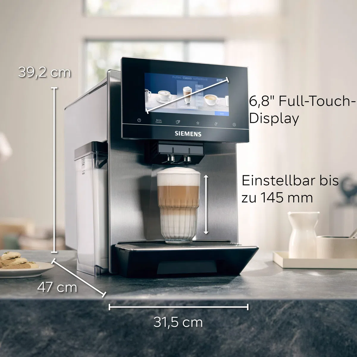 Siemens Máquina automática de café EQ900 TQ903D03, control por aplicación, pantalla táctil intuitiva, modo barista, AromaBoost, reducción de ruido, trituradora premium, limpieza automática de vapor,