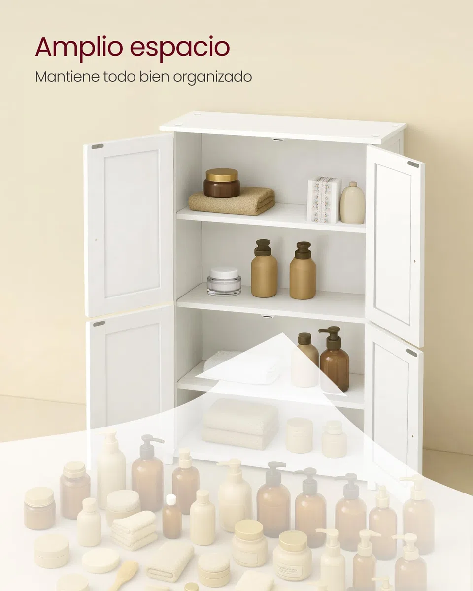 VASAGLE Mueble de Baño, Armario de Almacenaje, con 2 Estantes Regulables y 4 Puertas, Mueble Alto para Cocina, Blanco Nube BBC553WH01