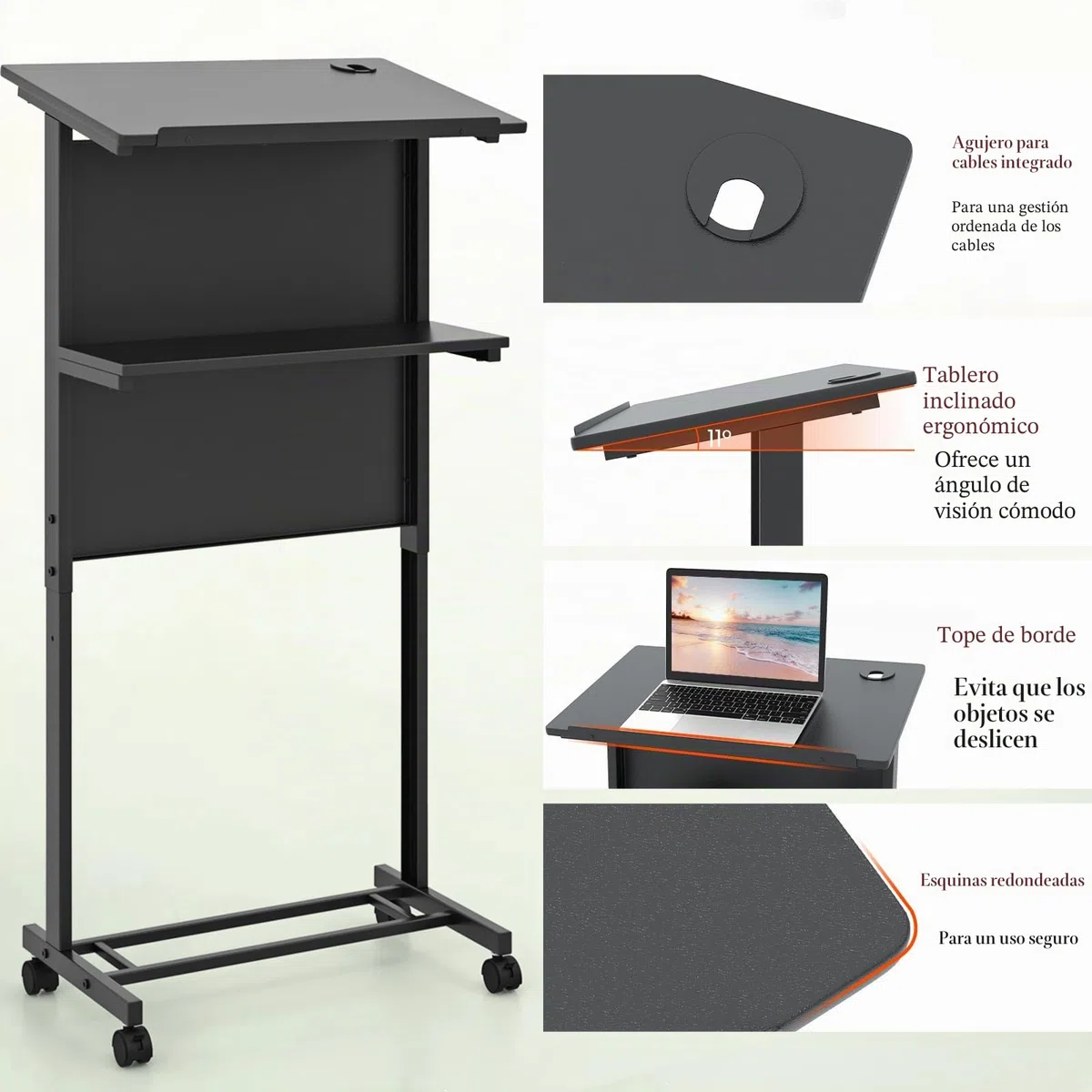 LIFEZEAL Atril, Podio de Conferencia, con 2 Estantes, 4 Ruedas, Altura Ajustable, Mesa de Presentación, para Discursos Públicos, Iglesia, Aula, 60x40x108,5-122,5cm