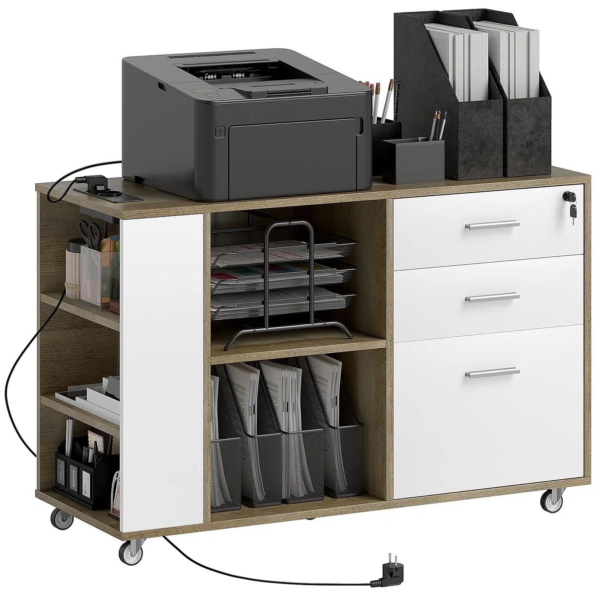 HOMCOM Cajonera de Oficina con Estación de Carga, Mueble Archivador con Ruedas, 3 Cajones, Barra Colgante, Cajonera para Escritorio con Cerradura, Estantes para Carta, A4, Legal, Marrón Grisáceo