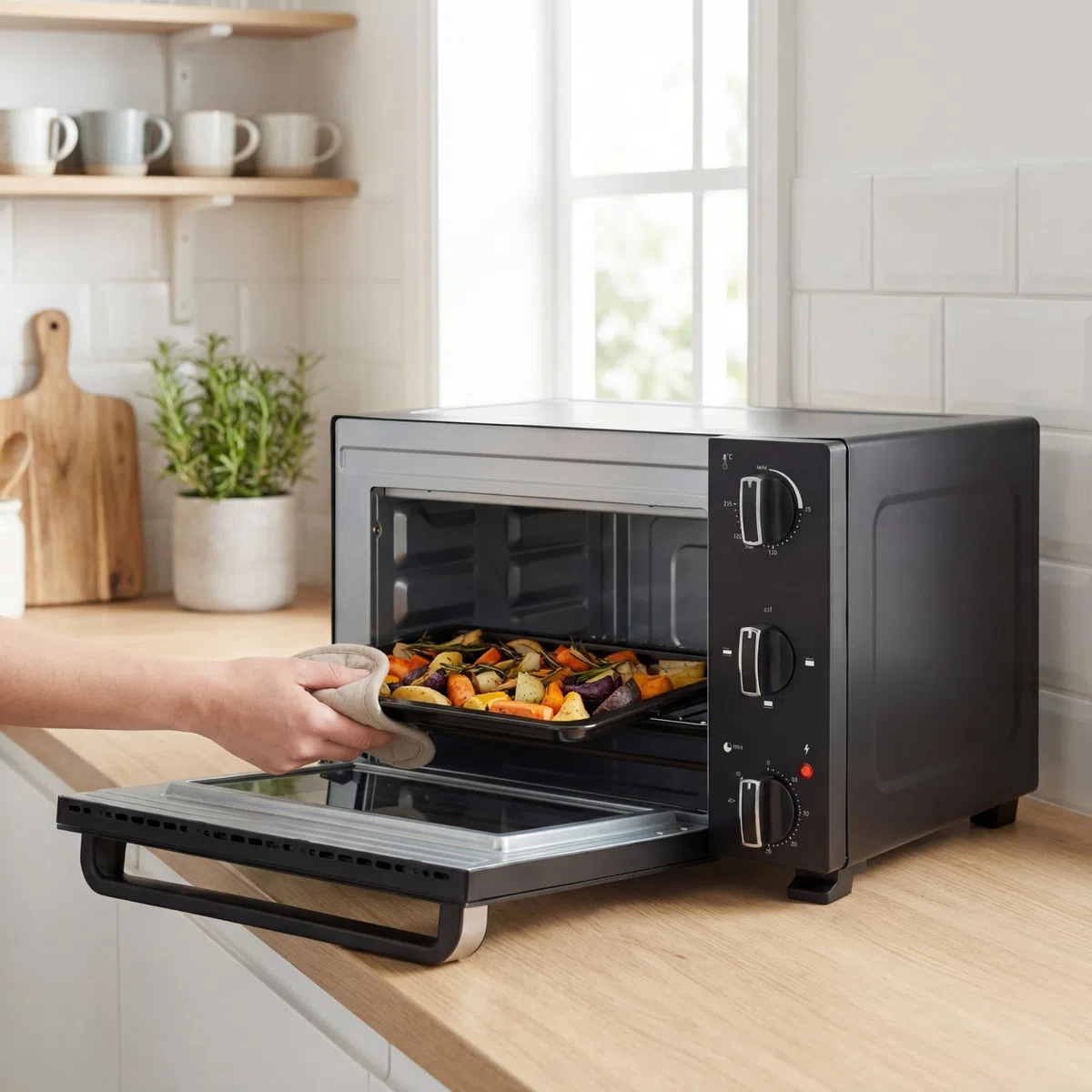 Tristar Horno Mini 20 L, 1300 W, Calor Superior e Inferior, Termostato Ajustable, Temporizador 60 Minutos, Puerta Doble Cristal, Bandeja y Rejilla, OV-3650