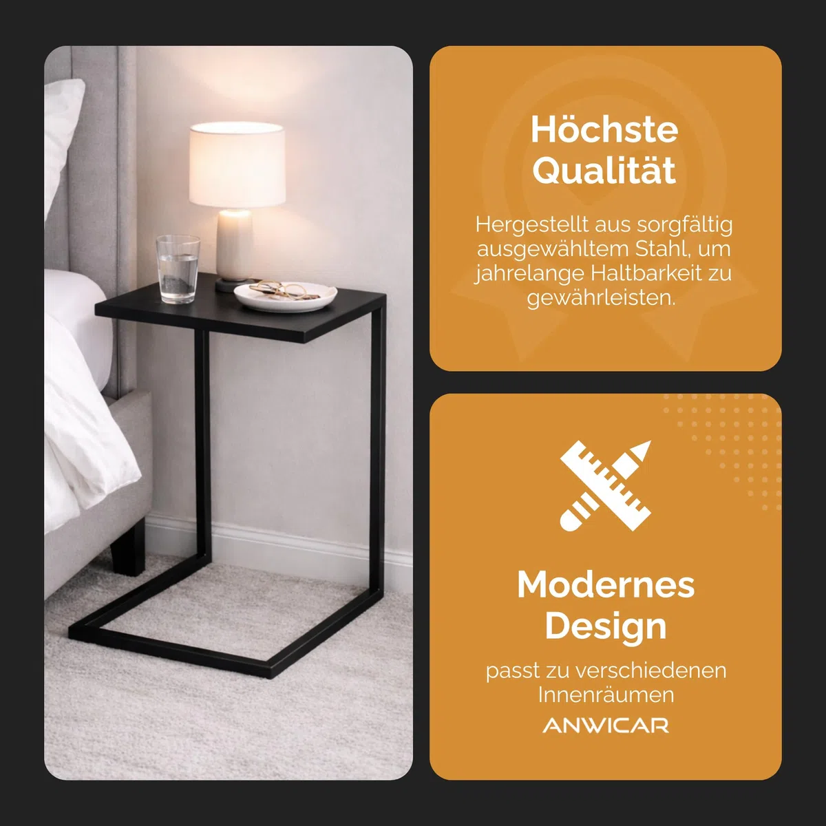 Mesa Auxiliar de sofá de 60 cm – Mueble salón Metal – Mesa Lateral de sofá Moderna – Negro 60 x 40 x 33 cm
