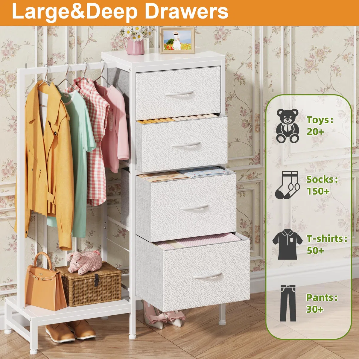 Cómoda con 4 Cajones de Tela y Barra Colgante, 111 cm, Mueble Multifunción para Dormitorio, Salón, Habitación Infantil, Pasillo, Madera Rústica rústica Blanco