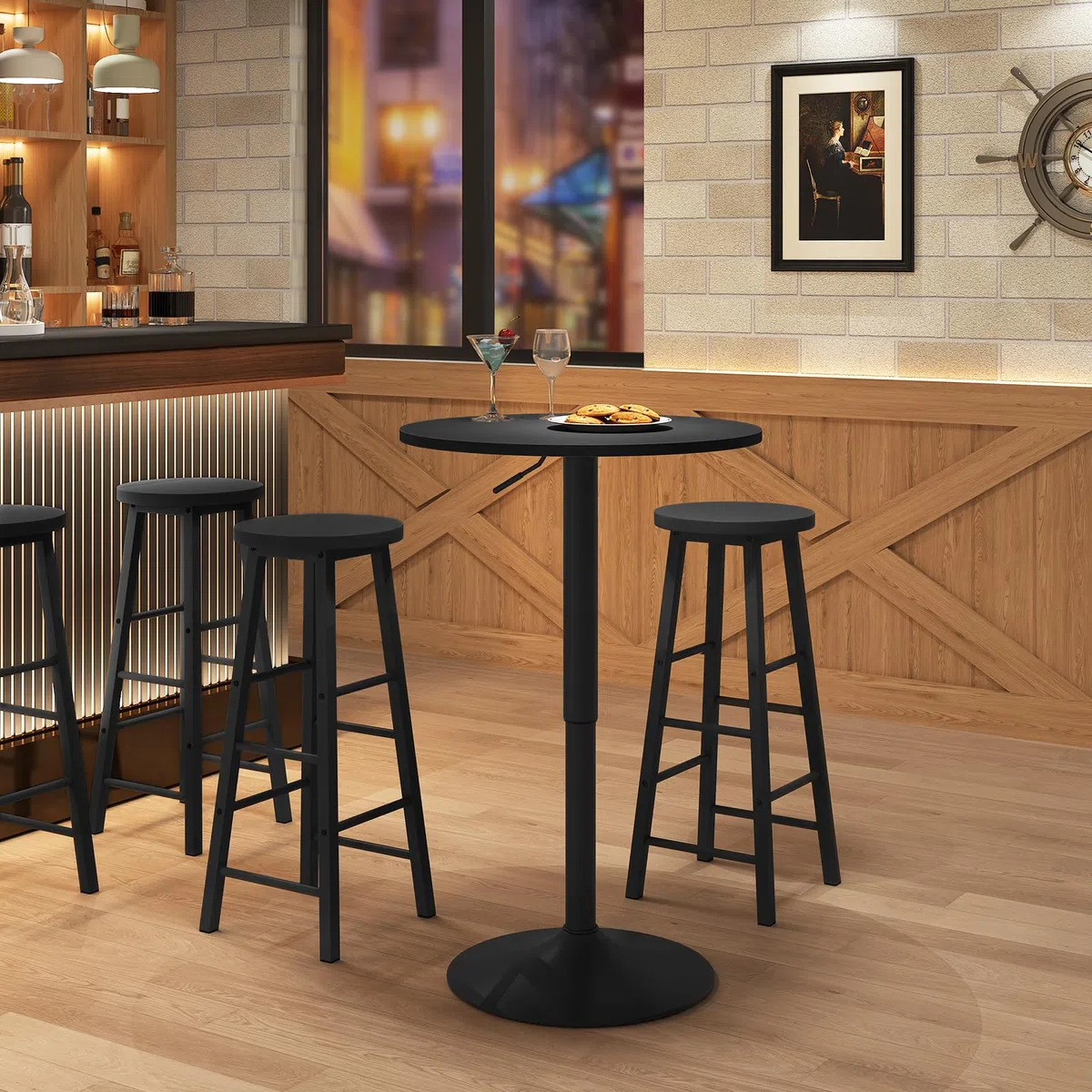 WOLTU Mesa de Bar, Regulable en Altura, 360 Grados Giratorio, Hecha de MDF, Redonda para Cocina, Bar, Negro Redondo