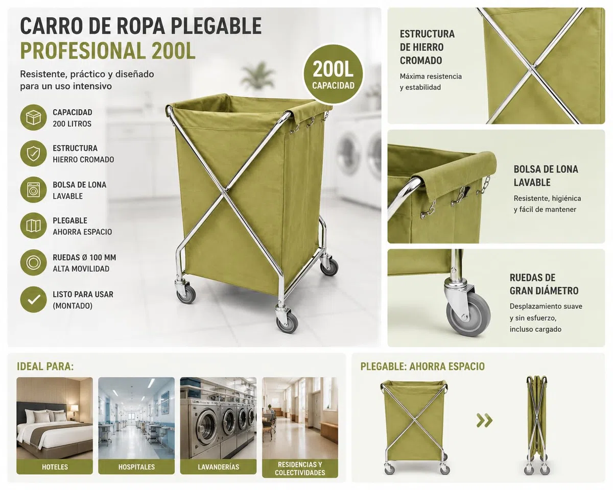 Carro de Ropa Plegable Profesional 200L – Estructura de Hierro Cromado con Bolsa Lavable – Carro Lavandería con Ruedas – Uso en Hoteles, Hospitales y Colectividades – Verde