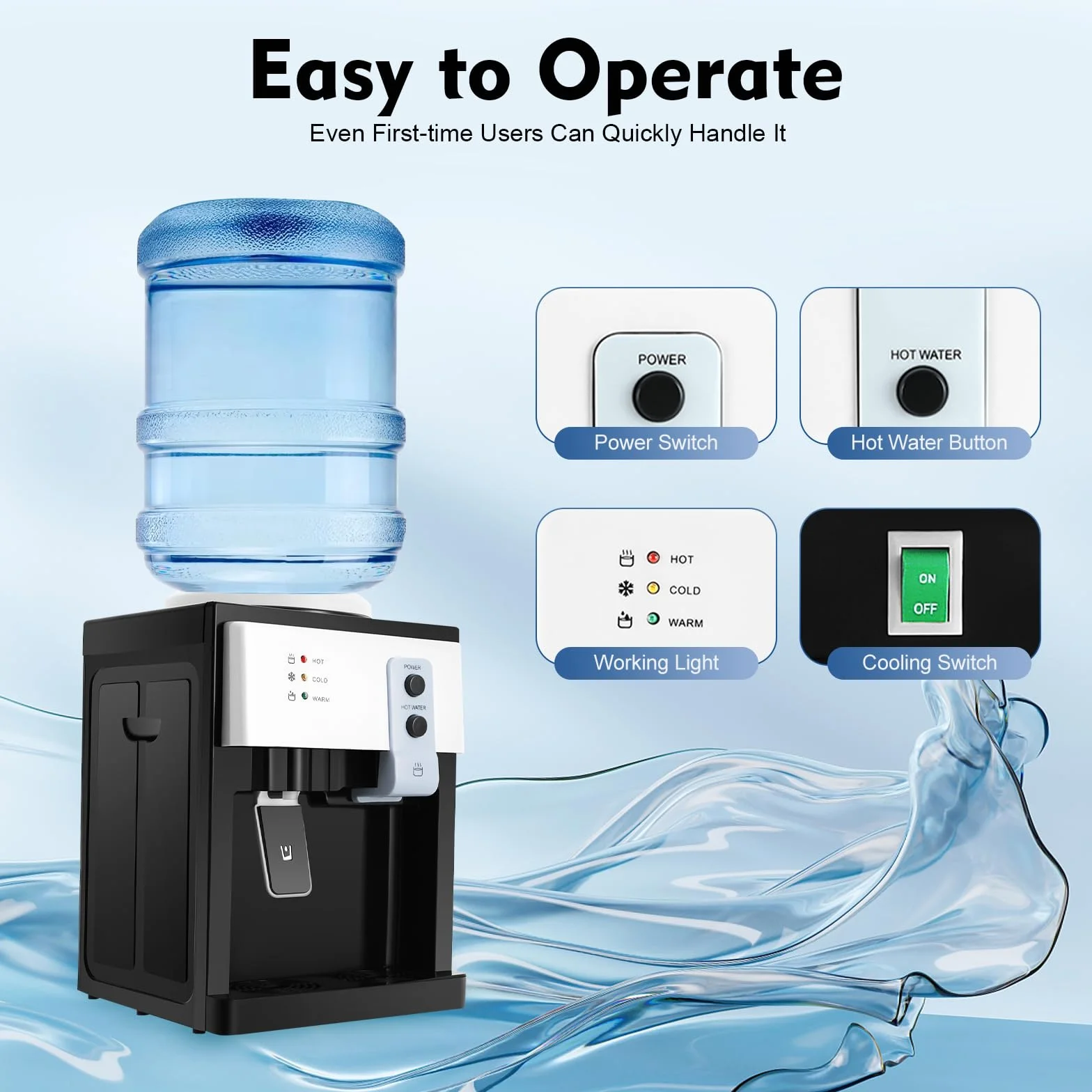 Dispensador eléctrico de agua fría y caliente, dispensador de agua caliente de 220 V, arranque con un botón con sumidero de agua extraíble, con 1,1-4,9 gal, cubos de agua, para escritorios, mesitas de