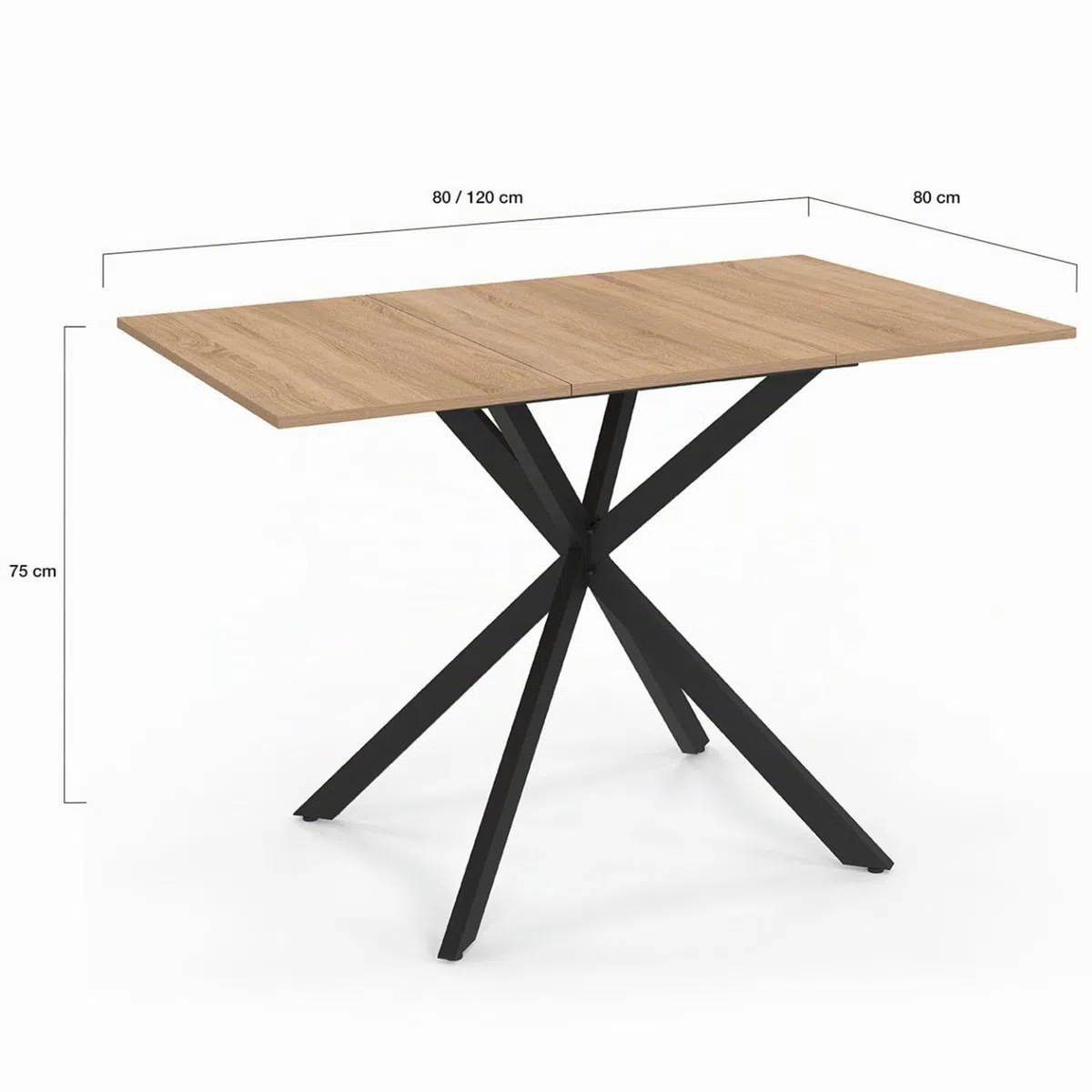 IDMarket Alix – Mesa de comedor extensible cuadrada 4-6 personas, pie araña madera y negro, 80-120 cm