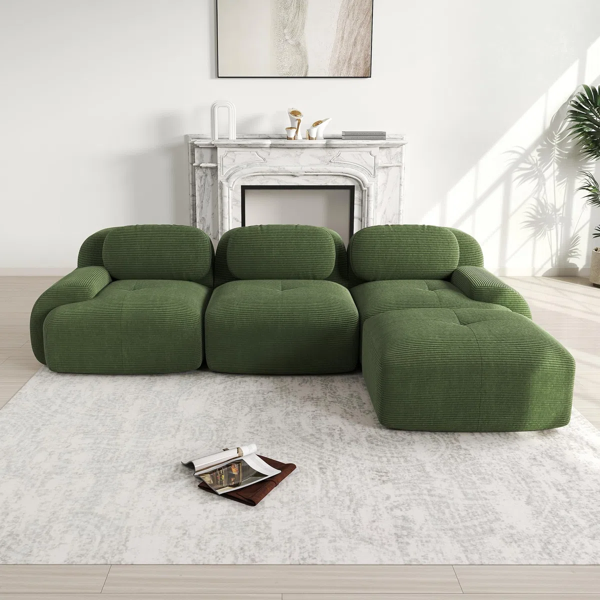 Bladez Sofá moderno de cuerda de 3 plazas Modular sofá esquinero en forma de L con puf Otomano, Sin montaje, sofá Cloud combinable, para salón (Verde, 3 plazas+1)