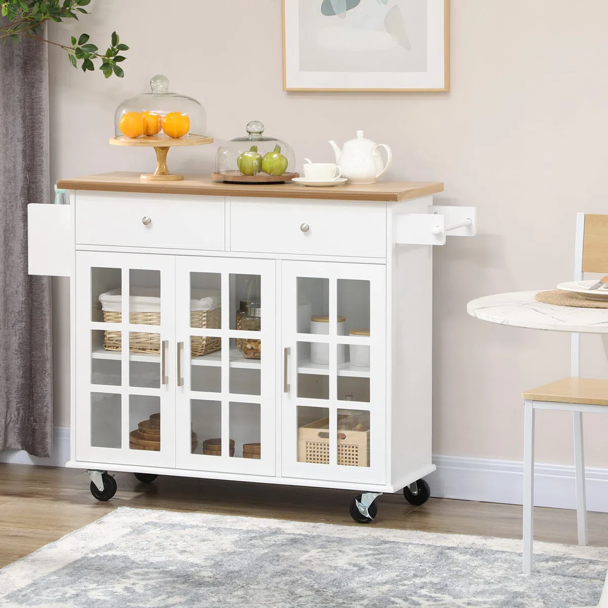 HOMCOM Carro de Cocina Isla de Cocina con Ruedas Multifuncional con 2 Cajones 3 Puertas de Vidrio Templado Toallero y Especiero 124,5x39,5x90 cm Blanco