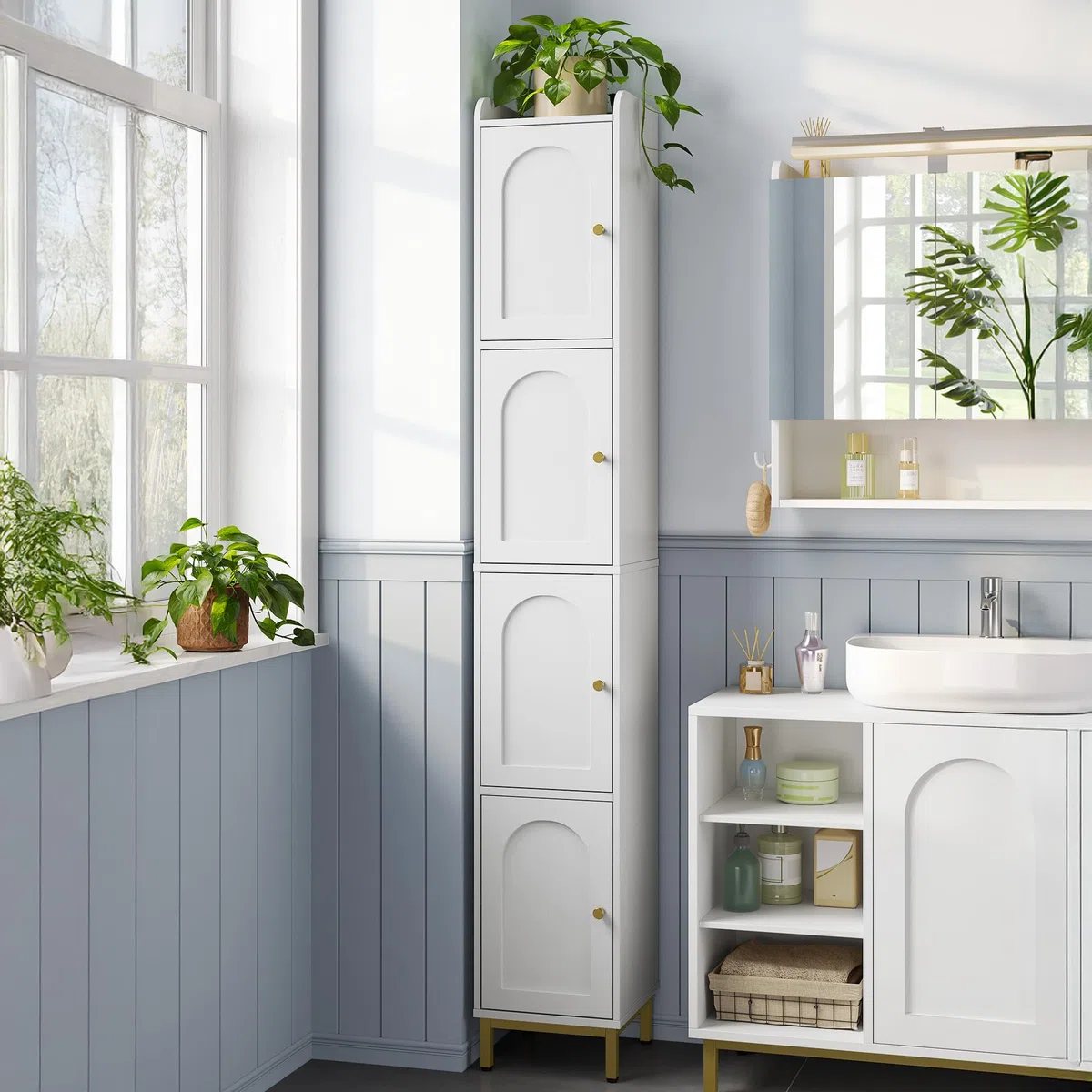 Hzuaneri Mueble Columna de Baño, Armario de Almacenaje, 4 Estantes Ajustables y 4 Puertas, con Patas Ajustables, Apto para baños, Sala de Estar, 26 x 28 x 180 cm, Blanco BC43313G