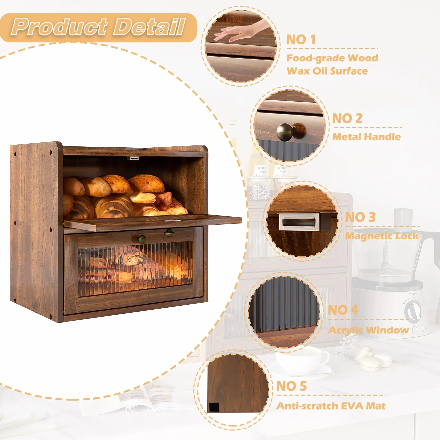 Alpeir Panera grande de doble capa para encimera de cocina, contenedor de almacenamiento de pan de esquina de madera con ventana acrílica, marrón retro