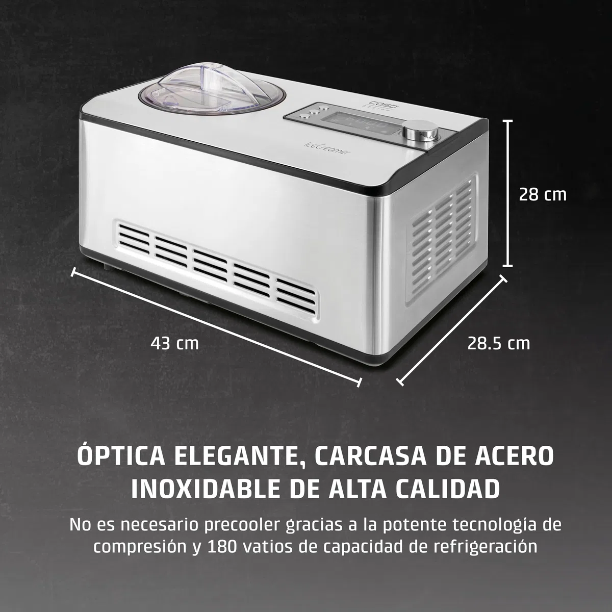 CASO Ice Creamer – 2 en 1 Design Heladera y máquina de yogur con tecnología de compresor, sin necesidad de enfriamiento previo, produce hasta 2 litros de helado, helado o yogur