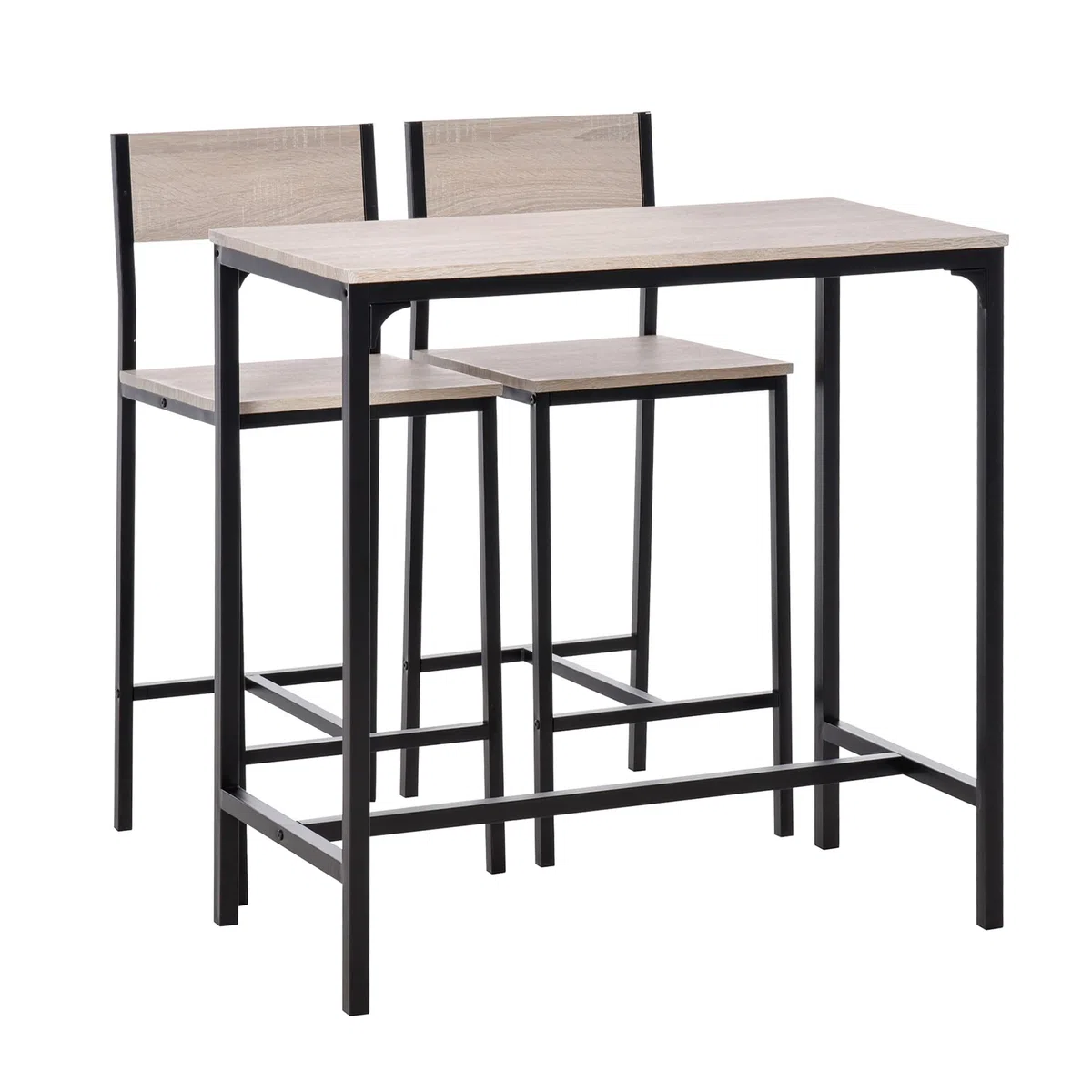 HOMCOM Conjunto Mesa Alta de Cocina con 2 Taburetes, Mesa de Bar Alta, Ahorro de Espacio, para Pisos Pequeños, Comedor, Balcón o Isla Cocina, Estilo Industrial, 89x45x87 cm, Natural y Negro