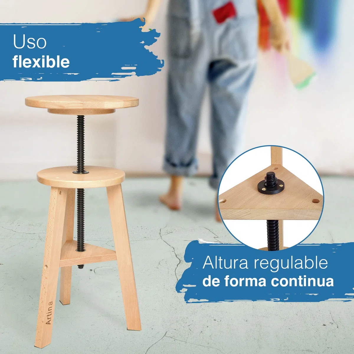 Artina Arles Taburete Redondo de Madera para Pintar – Taburete de Madera Ajustable en Altura, Taburete de Studio – Taburete de Taller con 3 piernas de Madera de Haya masiva – Taburete Giratorio