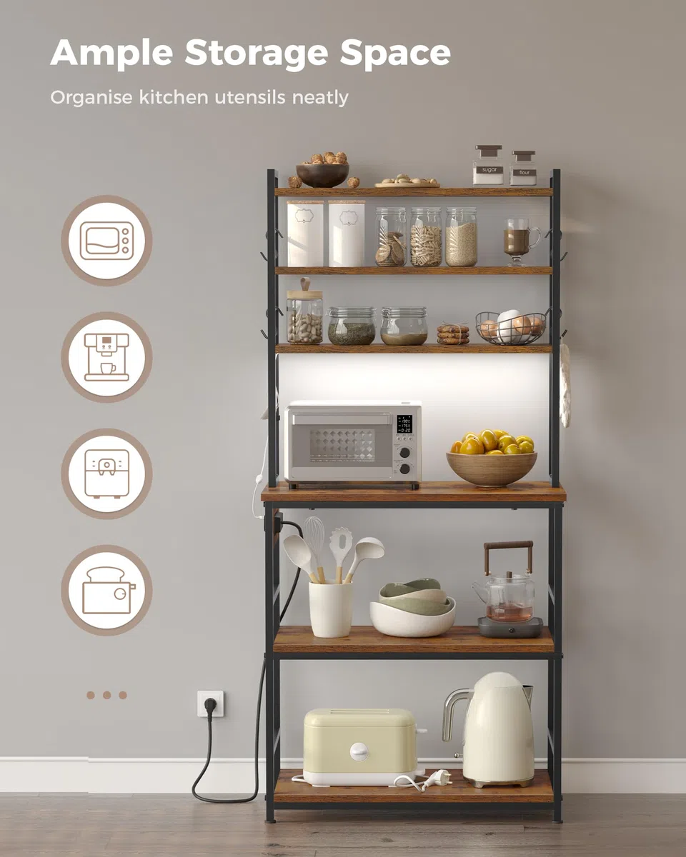 Estantería para panadería, Estante de Cocina, Estante de Panadería con LED, Estante de Pie con Enchufes, Mueble para Microondas, 8 Ganchos en S, para Pasillo, Cocina, Salón, 40 x 80 x 174 cm, Marrón